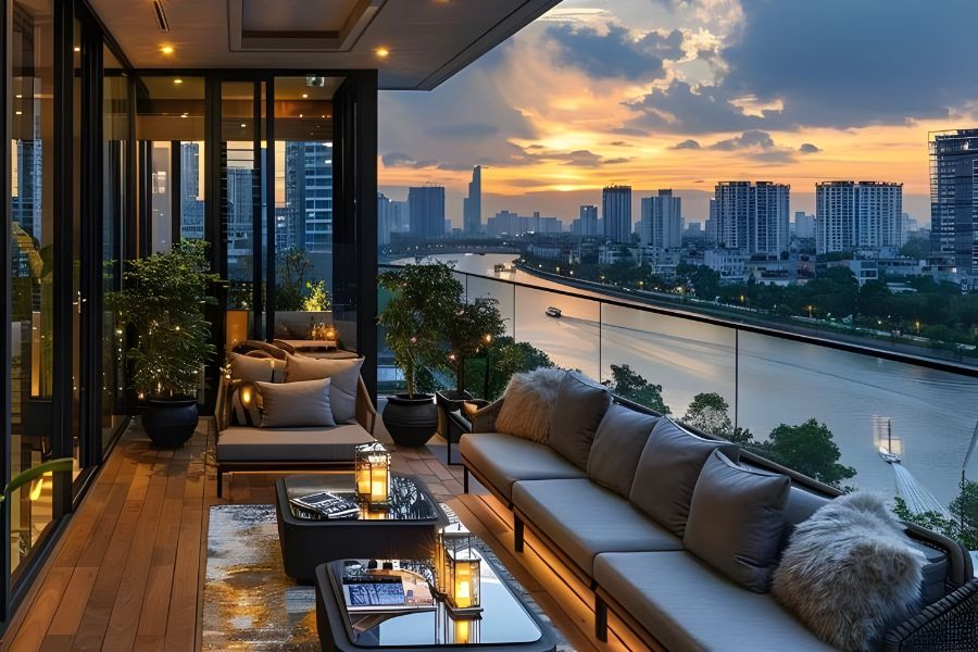 Sky Villa nằm ở tầng cao nhất, mở ra góc nhìn toàn cảnh thành phố và thiên nhiên rộng lớn